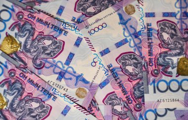 Almaty, Kazakistan - 1 Kasım 2024: Yeni on banknotların ön tarafı. Nakit