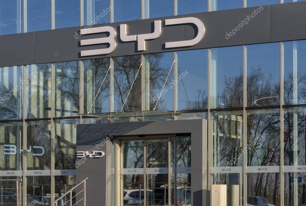 Almaty, Kazakhstan - February 10, 2025: Byd dealership. Chinese automobile brand