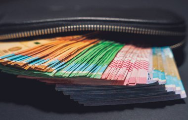 Cüzdanında bir sürü banknot var. Aylık maaş ödemesi                           