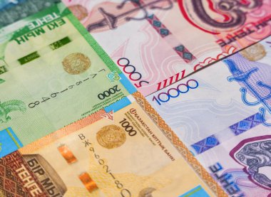 Kazakistan köşelere bağlı banknotlar. Kağıt para                        