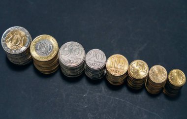 Tenge coins stand in a row in ascending order. Depreciation of money. Old worn background                            