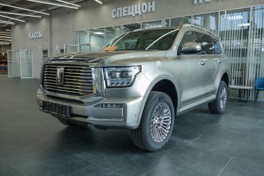 Almaty, Kazakistan - 13 Mart 2025: Galeride Yeni Tank 500 gümüş rengi. Çinli otomobil üreticisi                            
