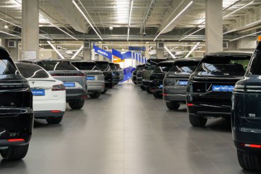 Almaty, Kazakistan - 13 Mart 2025: Galeride farklı üreticilerin elektrikli arabaları. Kullanılmış ticaret                              