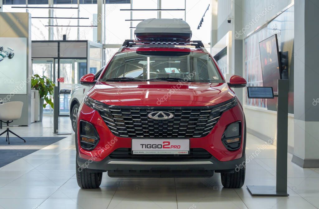 Almaty, Kazakhstan - March 13, 2025: Chery Tiggo 2pro in the showroom. Chinese automaker