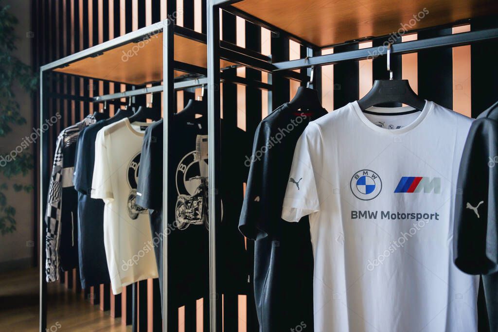 Almaty, Kazakhstan - May 29, 2025: BMW clothing department for motorsports. German car manufacturer