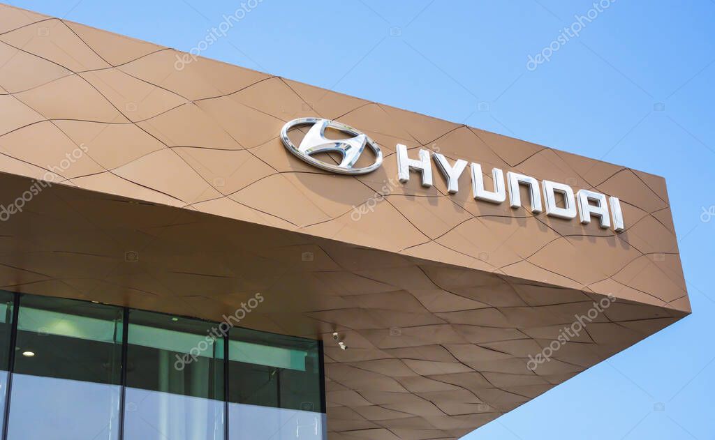 Almaty, Kazakhstan - May 29, 2025: Hyundai logo on the showroom building. Dealership sales center