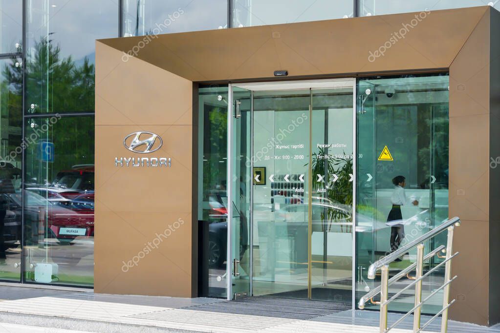 Almaty, Kazakhstan - May 29, 2025: Entrance to the Hyundai showroom. Dealership sales center