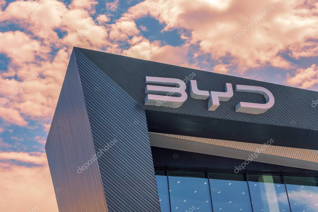 Almaty, Kazakhstan - May 29, 2025: 3D logo of the company Byd on the showroom building. Chinese car manufacturer