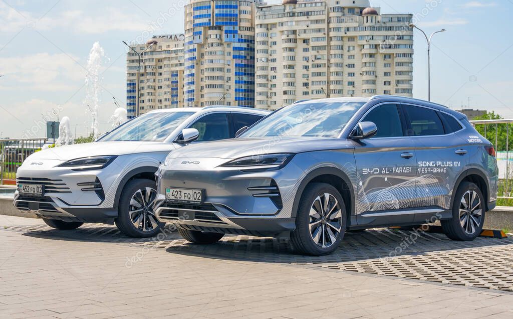 Almaty, Kazakhstan - May 29, 2025: Byd Song plus ev for test drive in parking lot. Chinese automaker
