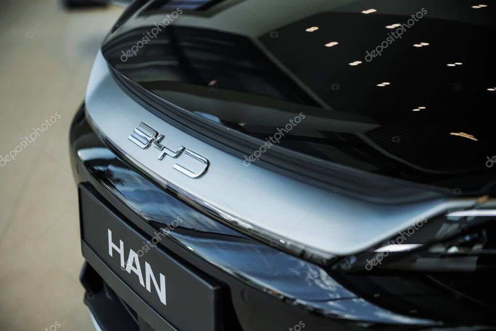 Almaty, Kazakhstan - May 29, 2025: Byd logo on the front of a Han car. Chinese car manufacturer