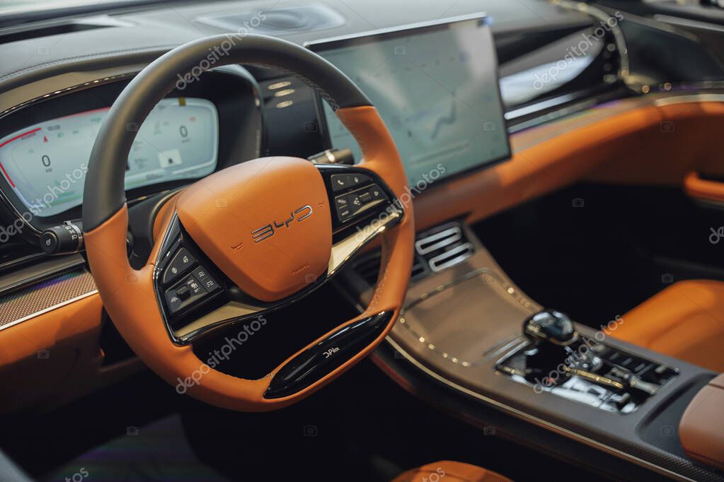 Almaty, Kazakhstan - May 29, 2025: Steering wheel in the Byd Han salon. Chinese car manufacturer