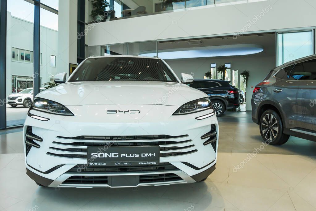 Almaty, Kazakhstan - May 29, 2025: Byd Song plus dm-i is in the car showroom. Chinese car manufacturer