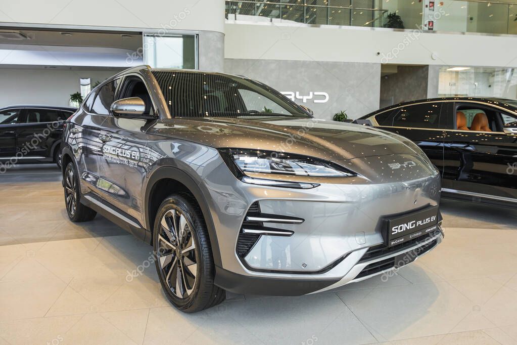 Almaty, Kazakhstan - May 29, 2025: Byd Song plus ev is in the showroom. Chinese automaker