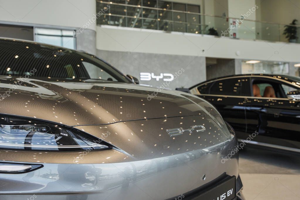 Almaty, Kazakhstan - May 29, 2025: Front of Byd Song plus ev car in showroom. Chinese automaker