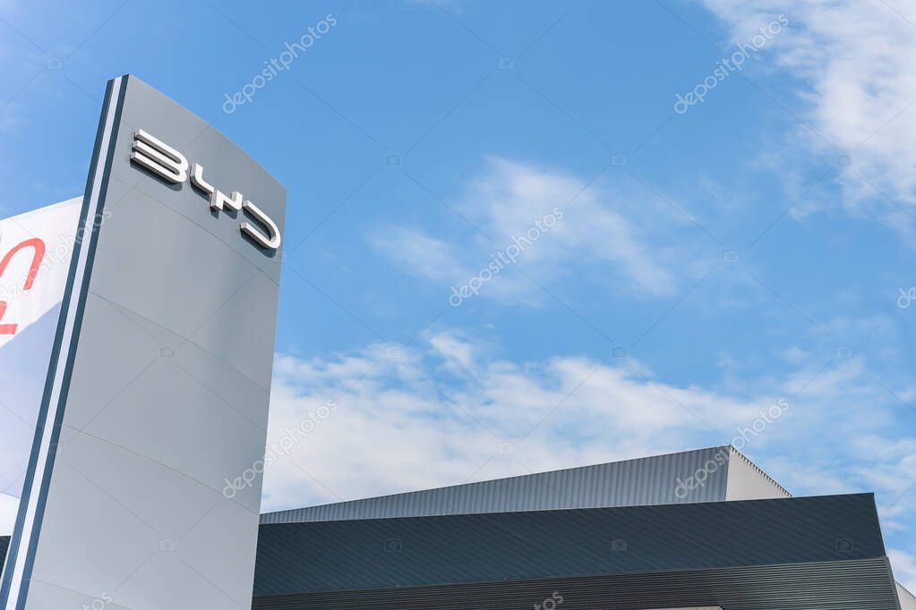Almaty, Kazakhstan - May 29, 2025: Sign of the dealership center Byd. Sale of cars from China