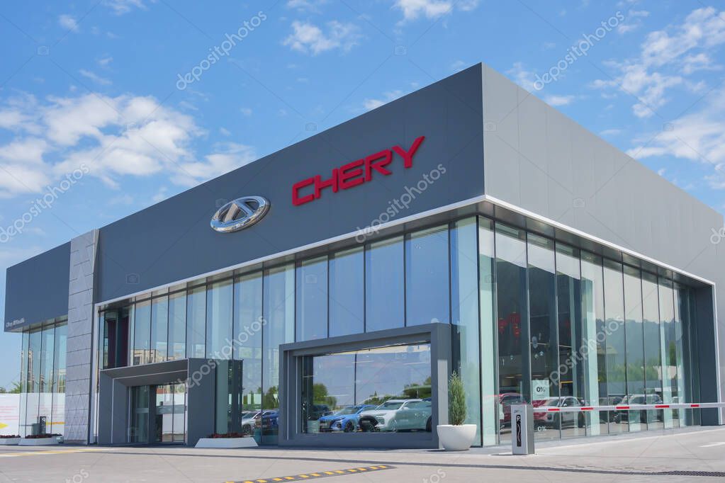 Almaty, Kazakhstan - May 29, 2025: Chery showroom building. Chinese automobile manufacturing company