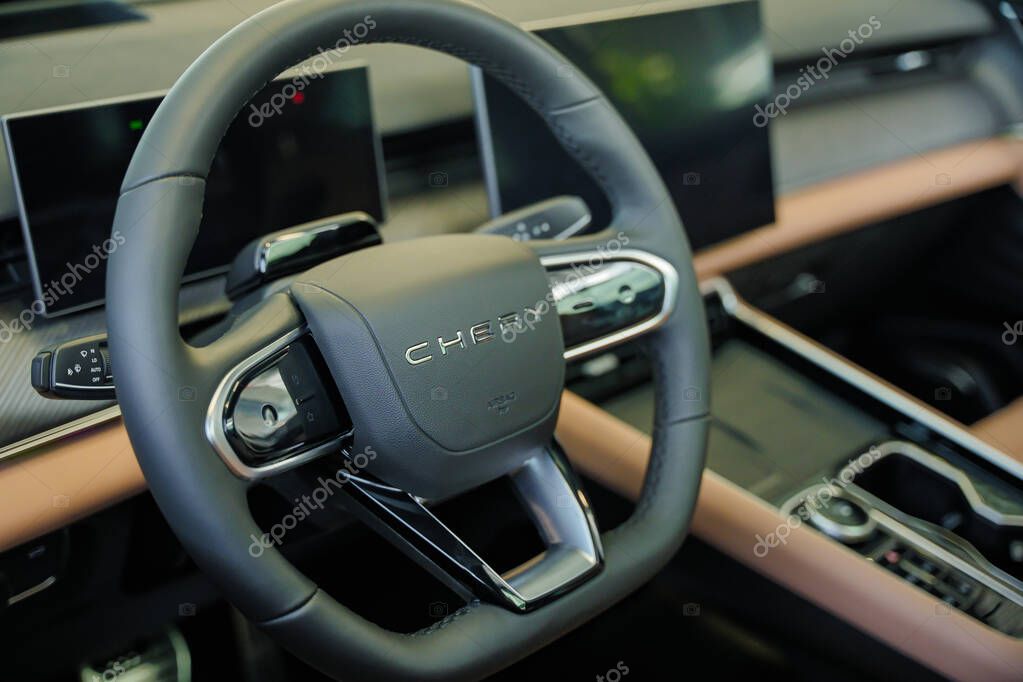 Almaty, Kazakhstan - May 29, 2025: Steering wheel in Chery Tiggo. Chinese automobile manufacturing company