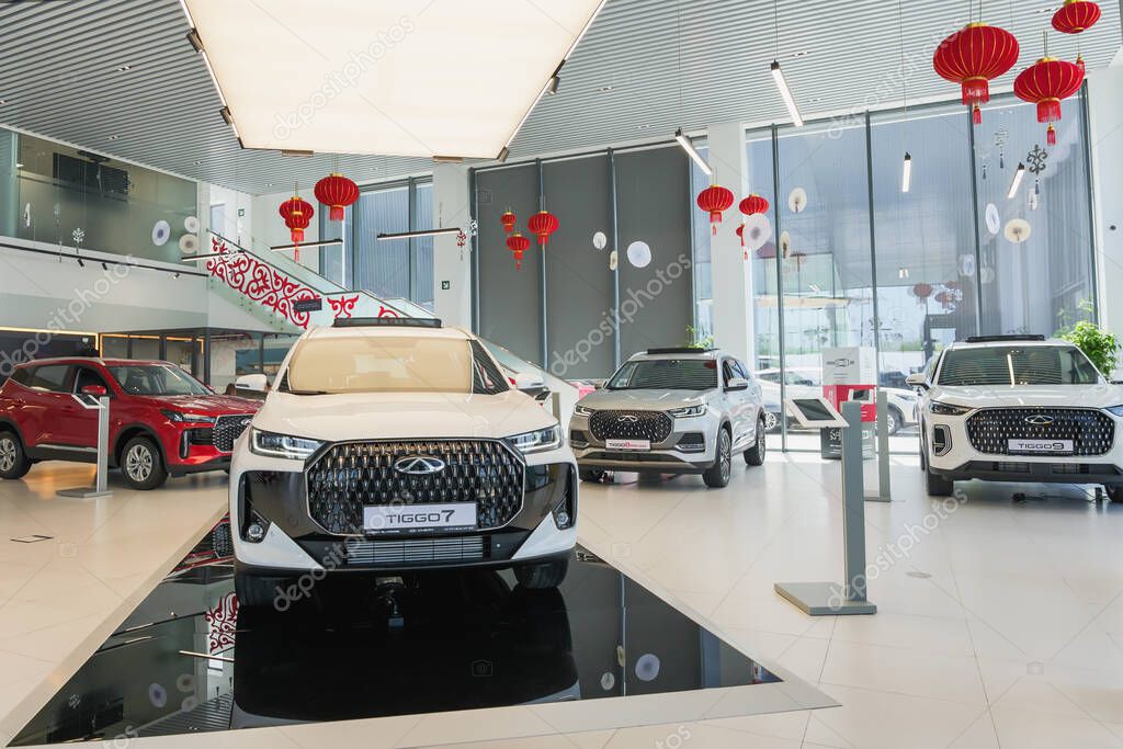 Almaty, Kazakhstan - May 29, 2025: Chery Tiggo cars in the showroom. Chinese automobile manufacturing company