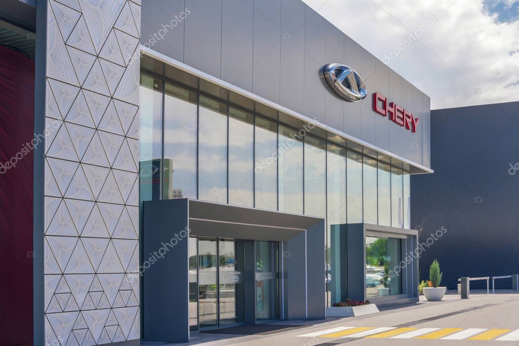 Almaty, Kazakhstan - May 29, 2025: Entrance to the Chery showroom. Chinese automobile manufacturing company