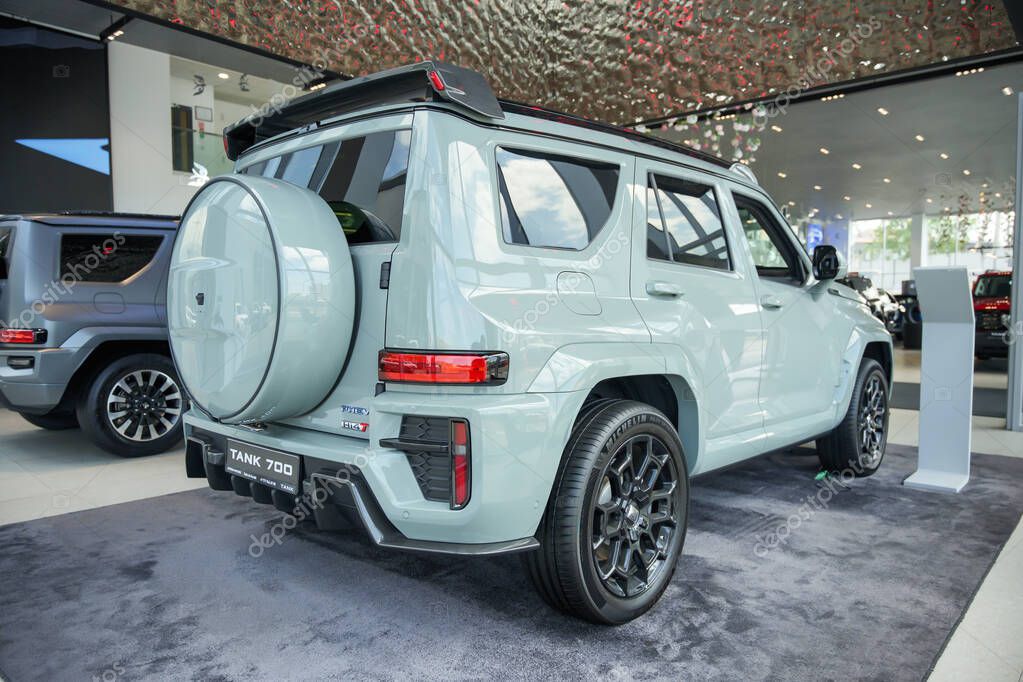 Almaty, Kazakhstan - May 29, 2025: Rear of Tank 700 2025 in the showroom. Chinese car brand
