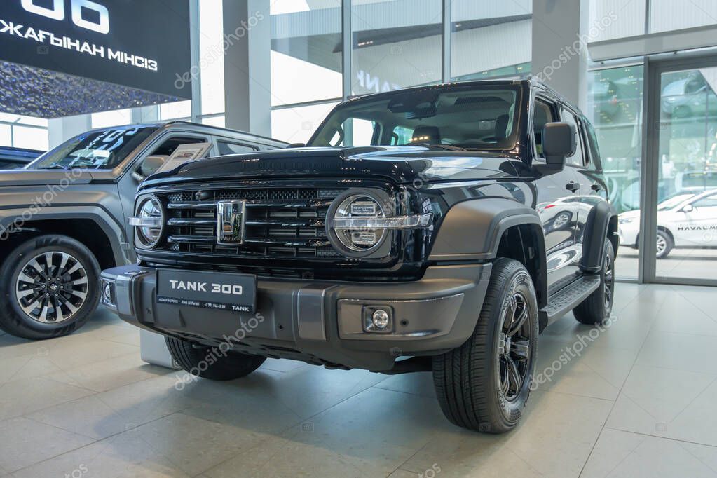 Almaty, Kazakhstan - May 29, 2025: Black Tank 300 is in the showroom. Chinese car brand