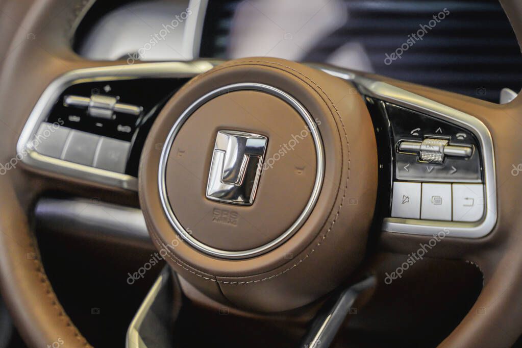 Almaty, Kazakhstan - May 29, 2025: Tank emblem on a leather steering wheel of a car. Chinese car brand