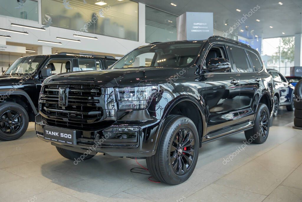 Almaty, Kazakhstan - May 29, 2025: Black Tank 500 in the showroom. Chinese car brand