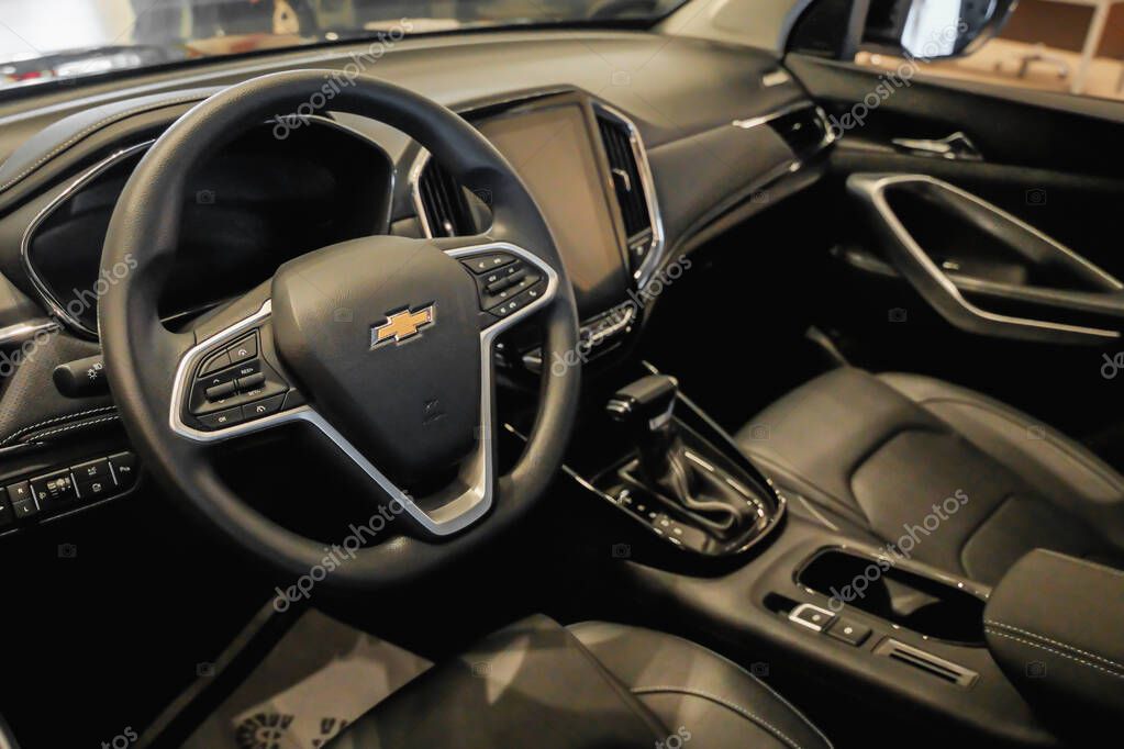 Almaty, Kazakhstan - June 11, 2025: Steering wheel inside the Chevrolet Captiva. American automobile brand