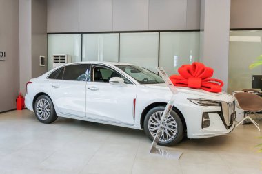 Almaty, Kazakistan - 11 Haziran 2025: Showroom 'da Hongqi H5 numaralı araba satıldı. Çinli otomobil üreticisi                         