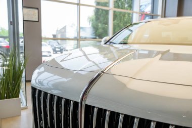 Almaty, Kazakistan - 11 Haziran 2025: bir galeride beyaz Hongqi arabası. Çinli otomobil üreticisi                             