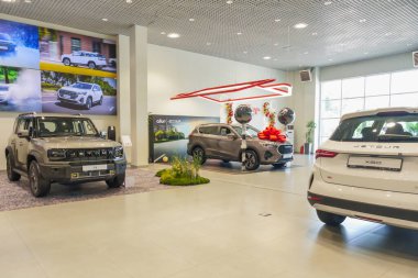 Almaty, Kazakistan - 11 Haziran 2025: Jet 'in içindeki bayiliğimiz. Çinli otomobil üreticisi                       