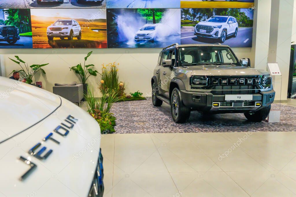 Almaty, Kazakhstan - June 11, 2025: Jetour T2 car inside the showroom. Chinese automaker
