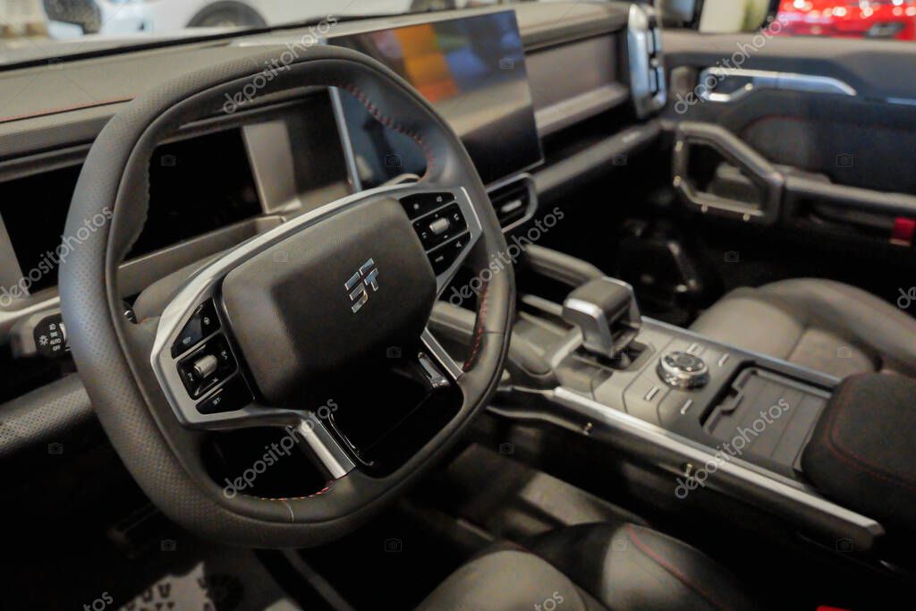 Almaty, Kazakhstan - June 11, 2025: Steering wheel in the interior of the Jetour T2 car. Chinese automaker