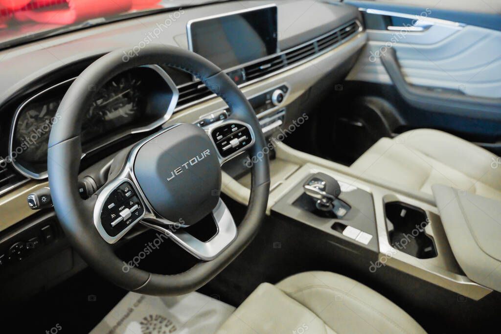 Almaty, Kazakhstan - June 11, 2025: Steering wheel in the interior of the Jetour X70 car. Chinese automaker