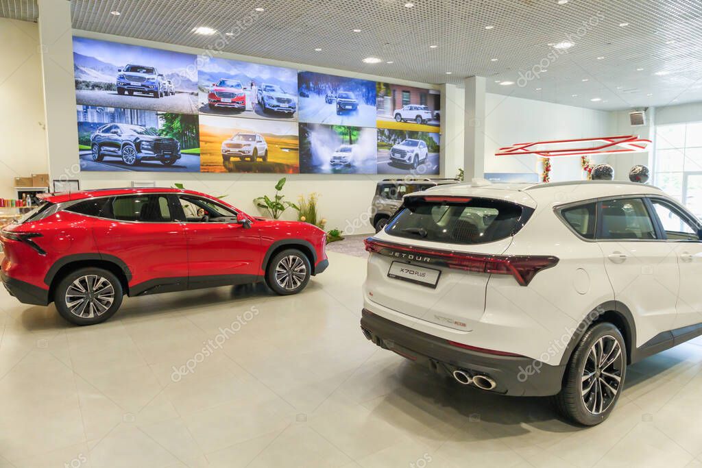 Almaty, Kazakhstan - June 11, 2025: New Jetour brand cars in the showroom. Chinese automaker