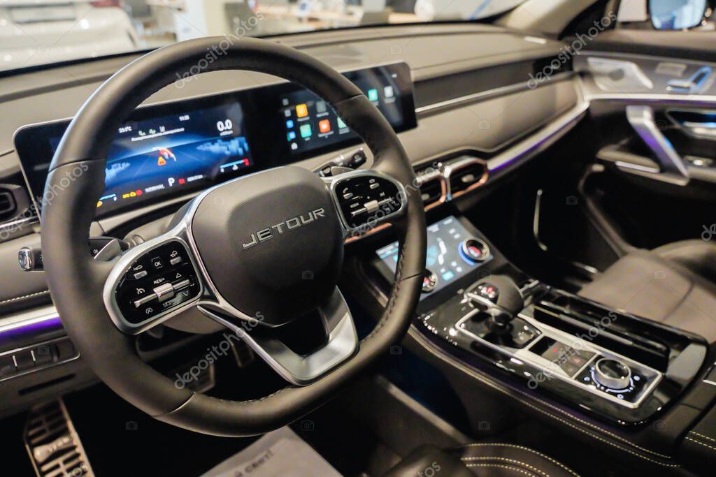 Almaty, Kazakhstan - June 11, 2025: Steering wheel in the interior of the Jetour X70 Plus car. Chinese automaker