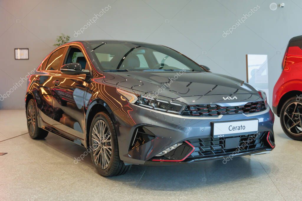 Almaty, Kazakhstan - June 11, 2025: New Kia Cerato car in a car dealership. Korean automaker