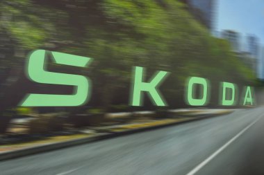 Almaty, Kazakhstan - June 11, 2025: Skoda logo on the car dealership wall. Retail trade in the showroom                           