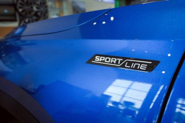 Almaty, Kazakhstan - June 11, 2025: Sport Line emblem on the wing of a Skoda Kodiaq. Retail in the showroom                            