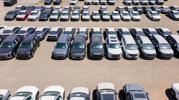 Almaty, Kazakistan - 3 Temmuz 2025: Yeni Hyundai arabaları otoparkta. Koreli otomobil üreticisi. Yukarıdan görüntüle