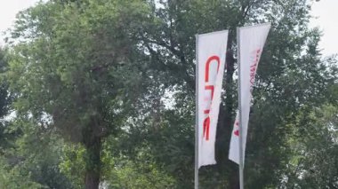 Almaty, Kazakistan - 28 Temmuz 2025: BYD bayrakları bir araba galerisi yakınında. Çinli otomobil üreticisi