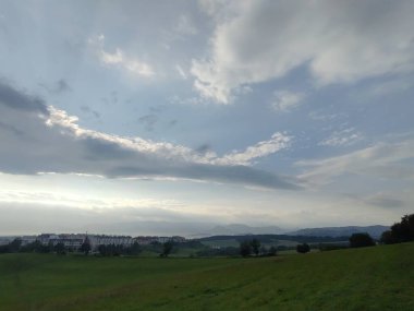 Ormanda sis. Ağaçların arkasındaki güneş ışınları. Slovakya