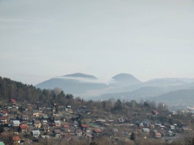 Ormanda sis. Ağaçların arkasındaki güneş ışınları. Slovakya