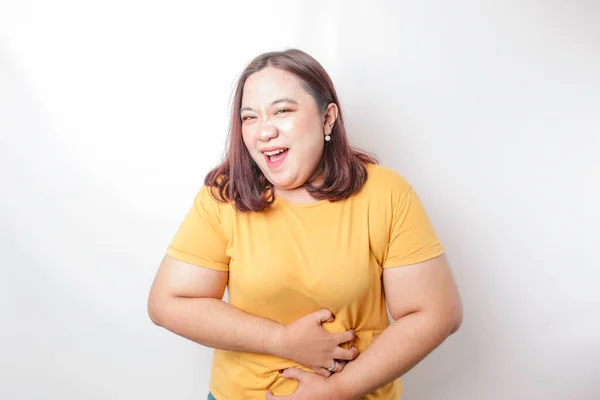 Young Asian Big Sized Woman Arms Stomach Bending Stomachache Expression — Stock Photo, Image