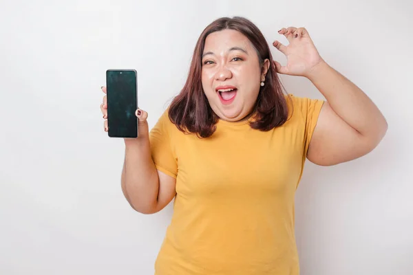 Surprised Asian Big Size Woman Wearing Yellow Shirt Showing Copy — Stock Photo, Image