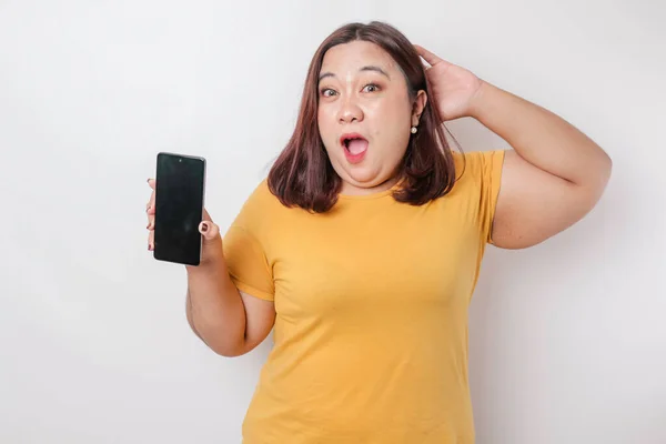 Überraschte Asiatische Big Size Frau Einem Gelben Hemd Das Kopierplatz — Stockfoto