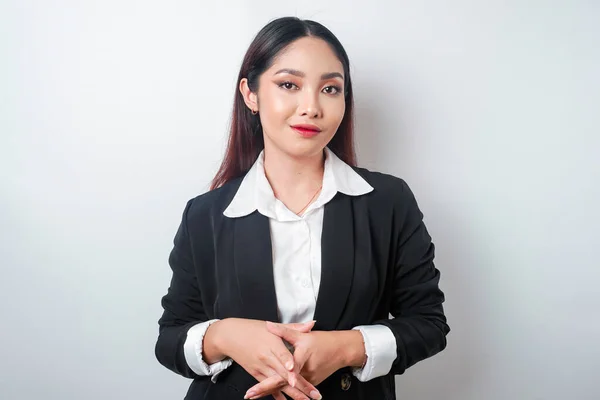 Młody Azji Biznes Kobieta Czarny Garnitur Uczucie Poważne Skupić Się — Zdjęcie stockowe