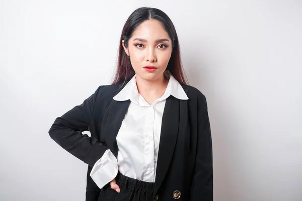 Young Asian Business Woman Black Suit Feeling Serious Focus Staring — Stock Photo, Image