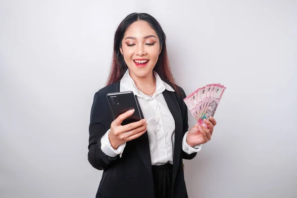 Happy Young Businesswoman Wearing Black Suit Holding Her Phone Money — Stock Photo, Image