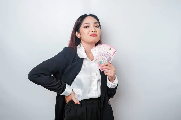 Portrait Young Businesswoman Stack Money Indonesian Rupiah Her Hands Isolated — Stock Photo, Image